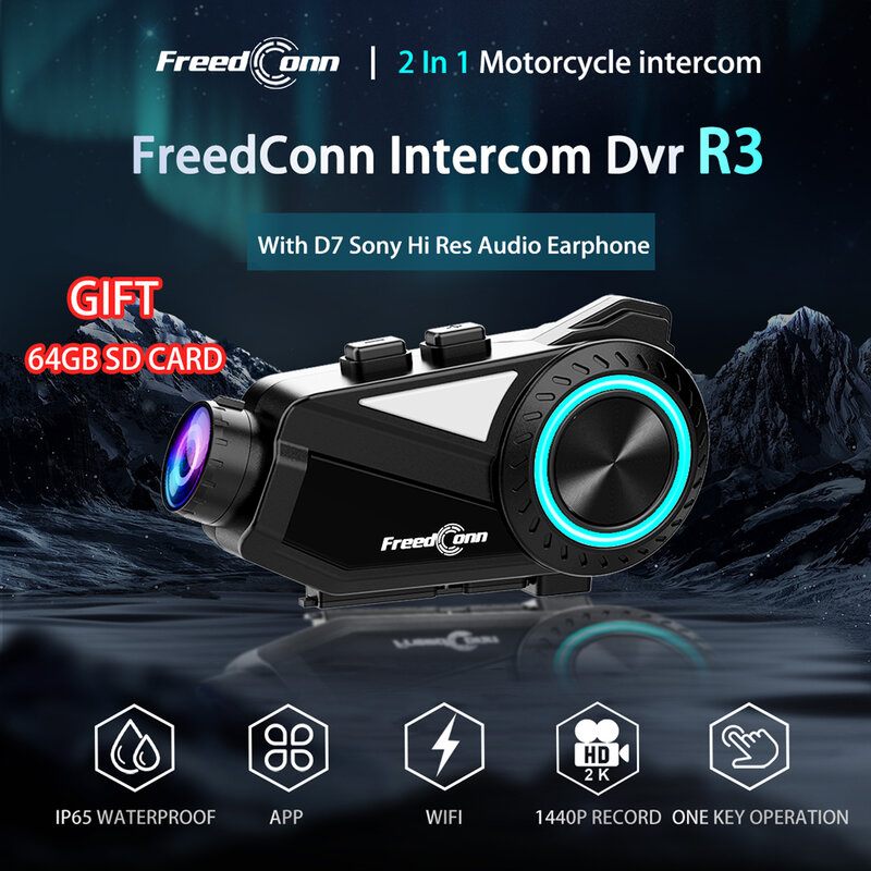 Freedconn-Motocicleta Capacete Câmera, R3, Intercom, DVR, fone de ouvido, Bluetooth, Wi-Fi, gravador de vídeo, 2K, 1440P, APP Música, FM Motor Dashcam