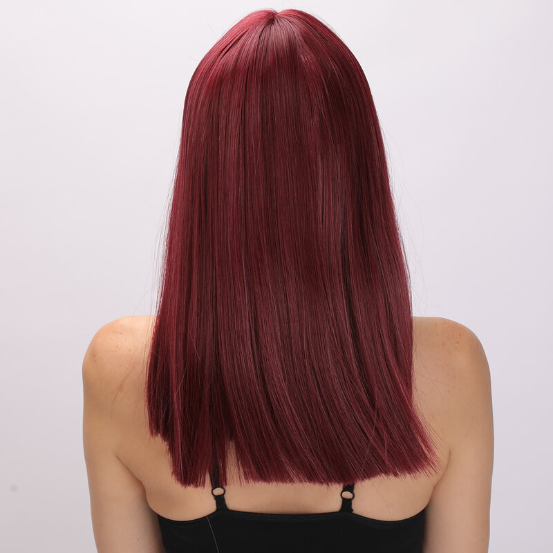 Fashion Wine Red Synthetic Wigs With Bangs for Women Long Straight Hair Wig Natural Daily Cosplay Party Use Heat Resistant Wigs
