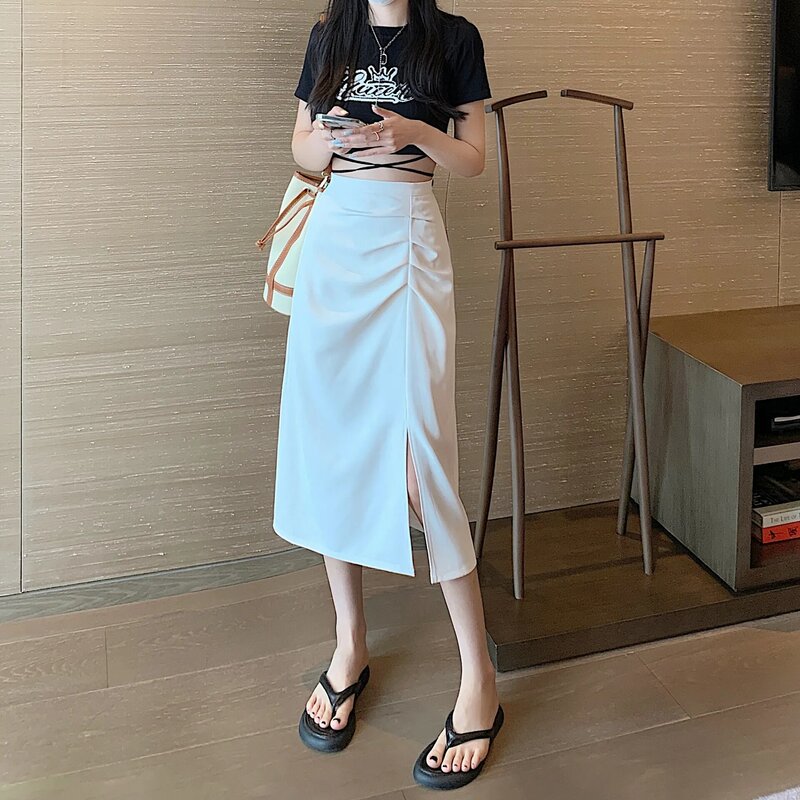 Skirts Women Mid-calf Side-slit Design Folds High Waist Hip Wrapped Korean Fashion Solid Simple Elegant Lady Casual Stylish 4XL
