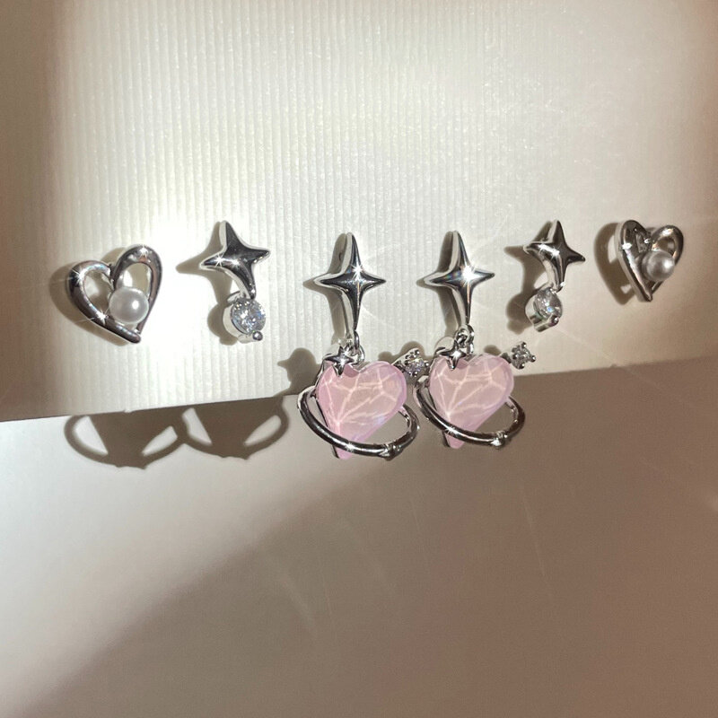 6pcs/set Women Silver Color Y2K Pink Crystal Heart Stud Earring Korean Trendy Punk Sweet Cool Bow Star Earring Aesthetic Jewelry