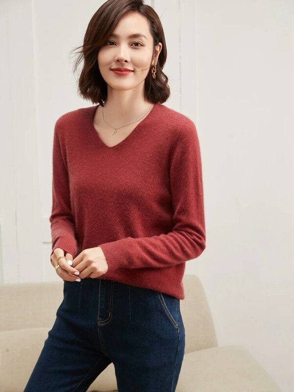 Suéter de punto de Cachemira para mujer, Jersey de manga larga con cuello en V, suave, cálido, sólido, ropa femenina, Tops, 100%