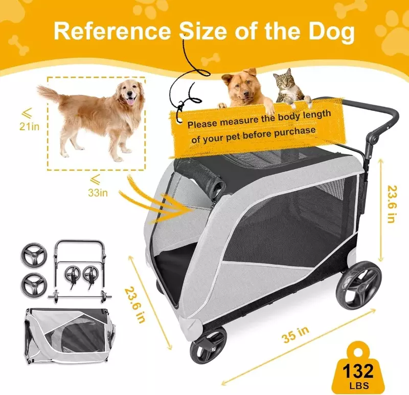 Cochecito Extra grande para perros grandes, cochecito para mascotas medianas de 30/40/ 50 libras, carritos para perros con 4 ruedas, mango ajustable