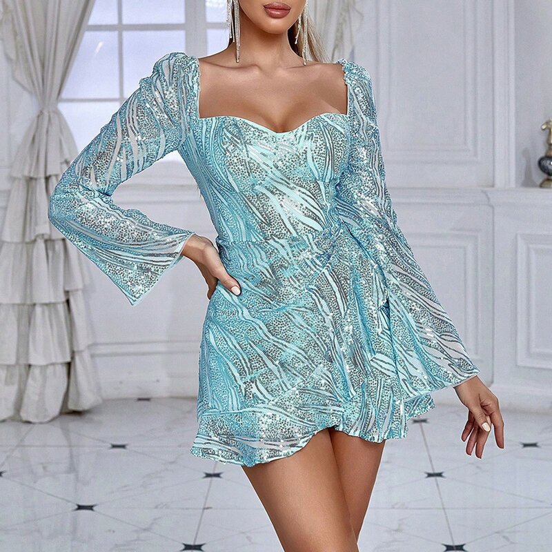 New European And American Women's Sequin Dress With Ruffled Edges Long Sleeved Short Embroidered And Gentle Dress with Sleeves