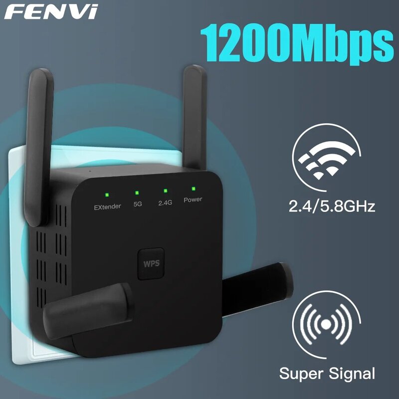 FENVI 5Ghz AC1200 WiFi Repeater 1200Mbps Router Black WiFi Extender Amplifier 2.4G/5GHz Wi-Fi Signal Booster Long Range Network