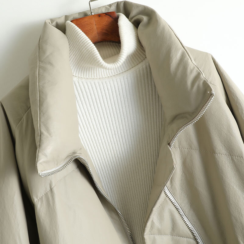 女性用ショートレザージャケット,エレガントなシープスキンジャケット,タートルネック,充填コート,冬,2021