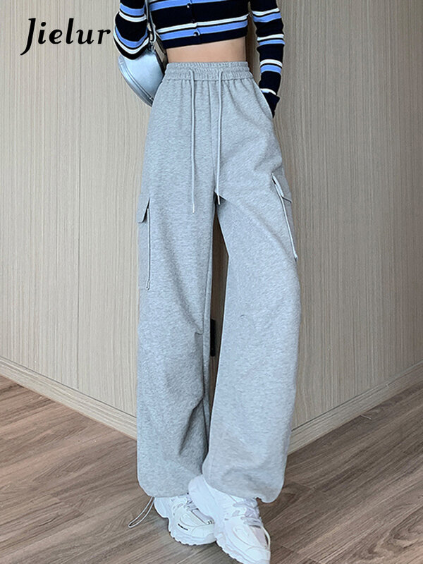 Jielur zimowe amerykańskie luźny, w stylu Basic spodnie Cargo New Casual Sport Streetwear jednolity kolor elastyczne w talii eleganckie kieszenie spodnie dla kobiet