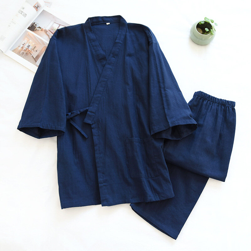 Autumn Kimono Pajamas Men's Three Quarter Strappy Sleep Top Trouser Suits V-Neck Cotton Gauze Sleepwear Solid Color Loungewear