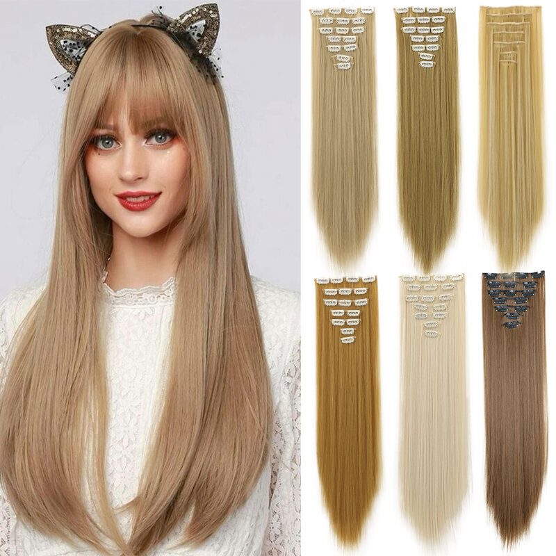 24 cals 16 doczepy włosów na klipsy długie proste fryzury syntetyczne blond czarne treski odporne na ciepło sztuczne włosy