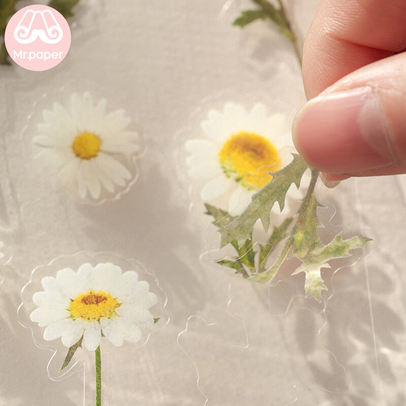 Mr.Paper-Natural Daisy Clover Palavras Japonesas Adesivos, Material PET Transparente, Flores Folhas e Plantas, Deco Adesivos, 12 Projetos
