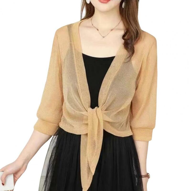 Women Summer Cardigan V-neck Solid Color Thin Blouse Half Sleeves Sunscreen Lace Up Top Anti-shrink Short Jacket Female Clothes