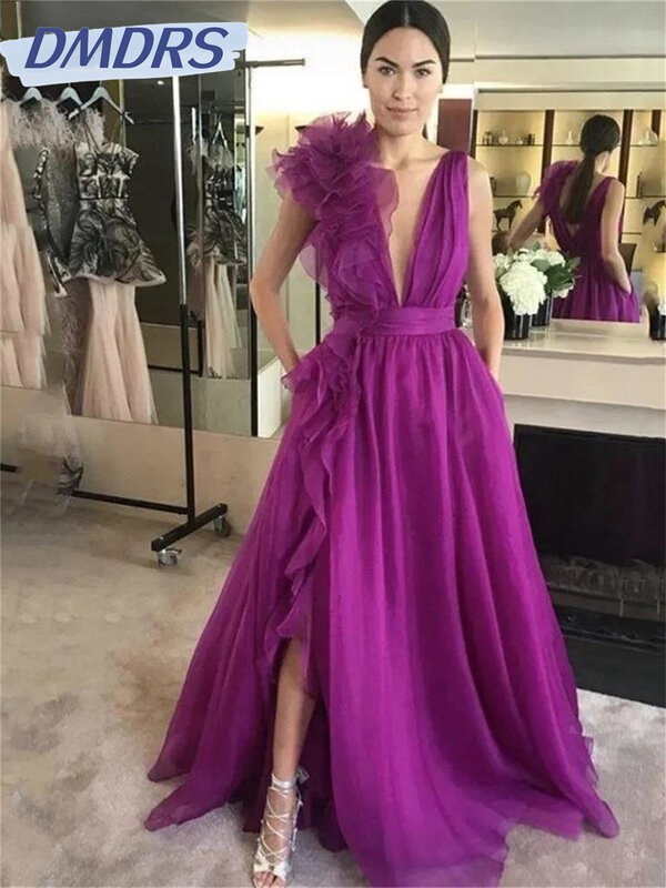 Gaun Prom A-line seksi 2024 untuk wanita gaun malam Formal kerah V rendah belahan samping gaun Prom Tulle De Novia