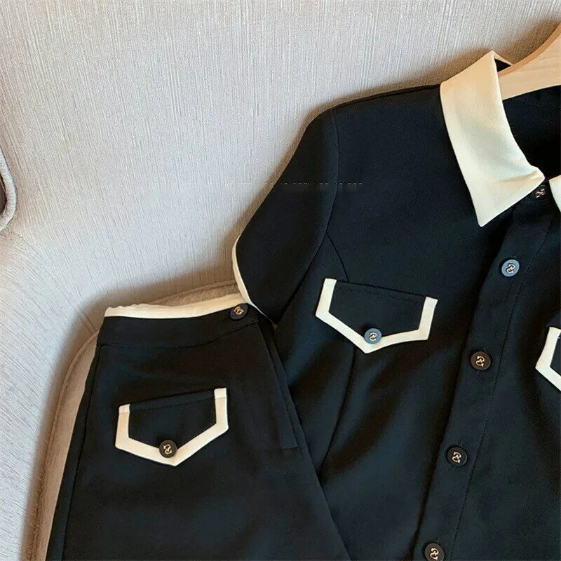 Conjuntos de pantalones cortos negros para mujer, camisas de manga corta con cuello vuelto, pantalones cortos de cintura alta, ropa informal Harajuku de calle