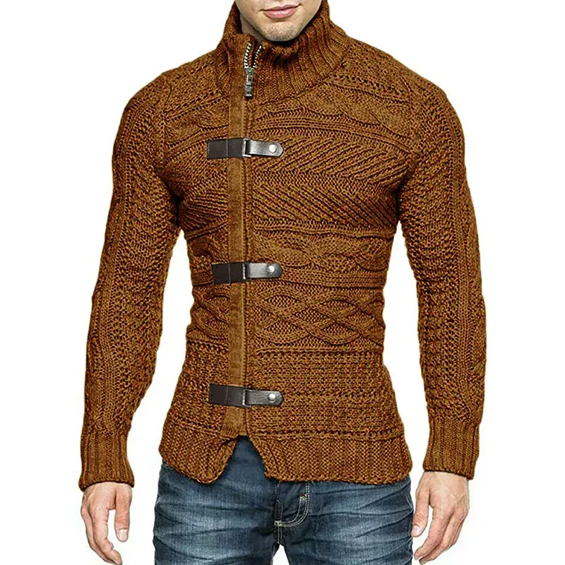 Suéteres elásticos para hombre, abrigo suelto de fibra acrílica con estilo, jersey de cuello alto, suéter de punto, invierno, 2023