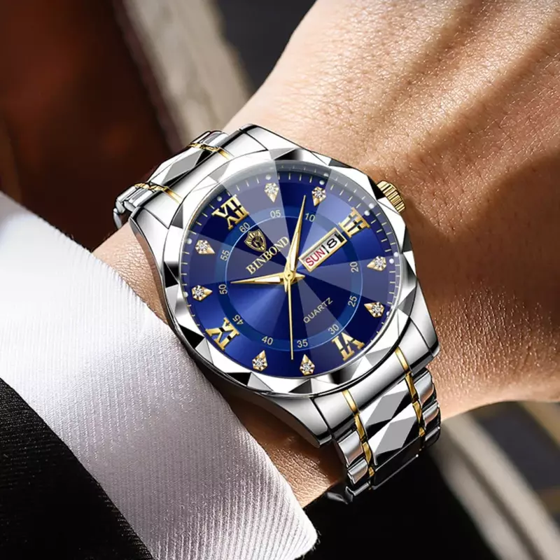 Relógio de pulso quartzo luxo AONEZ masculino, relógio cronógrafo luminoso impermeável, aço inoxidável, homem relógios