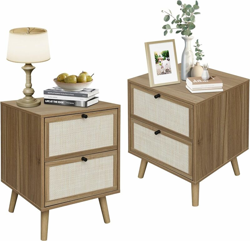 Rattan Nightstand Set of 2, Wood End Tables with Drawers, Bedroom Bedside Table Storage Side Table for Bedroom Living Room