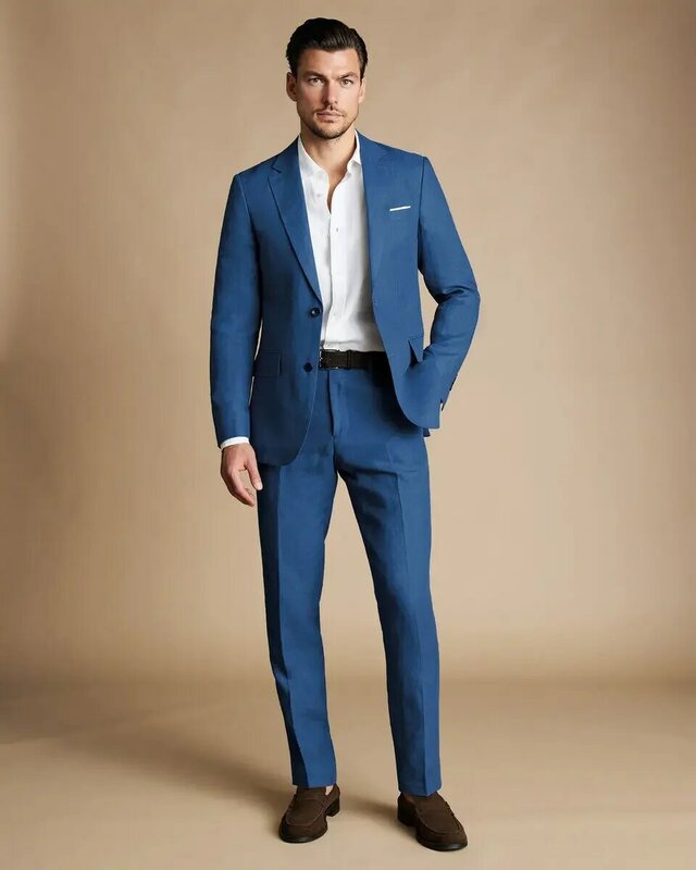 2024 Blue Summer Linen Elegant Men Suits Smart Casual Slim Fit Blazers Business High Quality Custom 2 Piece Set Costume Homme
