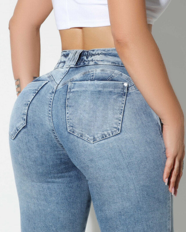 Jeans strappati per le donne moda pantaloni larghi Vintage alti pantaloni dritti femminili Streetwear pantaloni Skinny elasticizzati