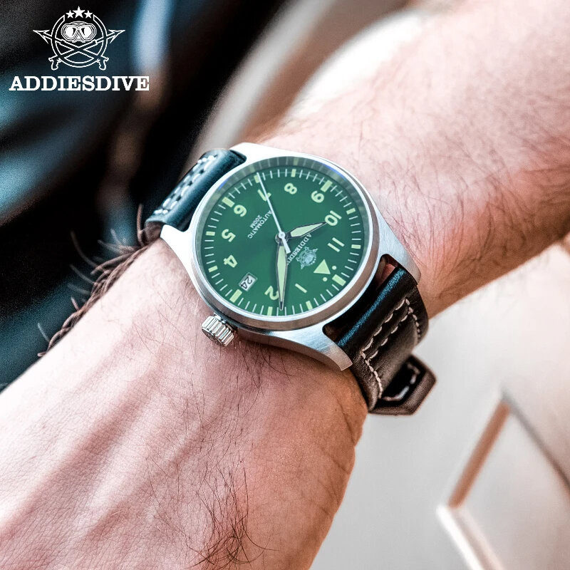 ADDIESDIVE Men's watch Explore Sapphire Automatic NH35 Stainless Steel 39mm Dress watch Leather Luminous 200m Diving Watch New