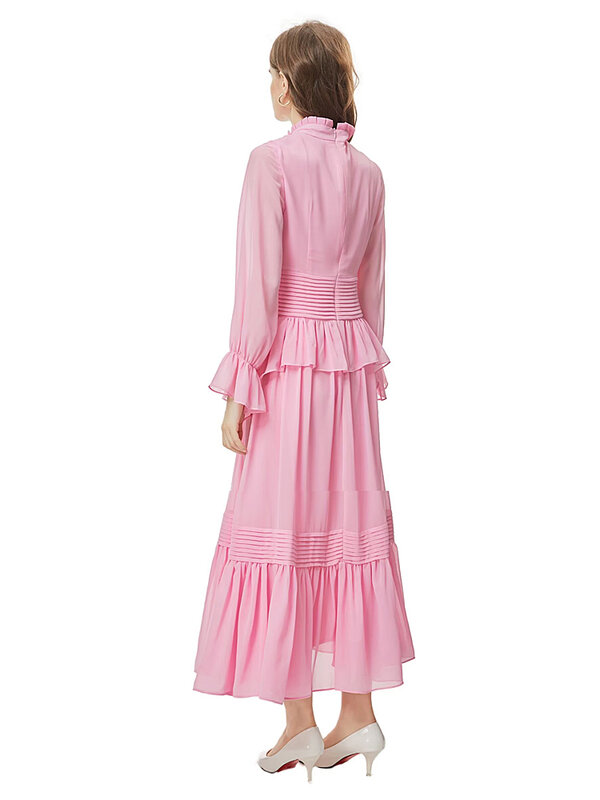 Vestido de passarela rosa plissado feminino, vestido longo casual, manga flare, doce bonito, alta qualidade, moda luxuosa, primavera