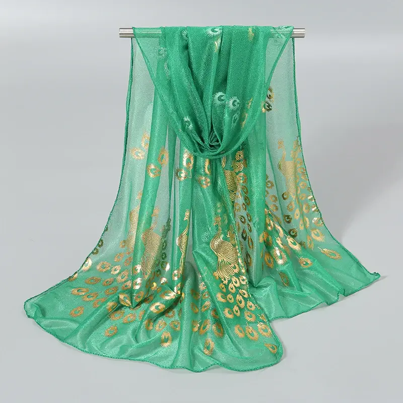Женский блестящий тонкий глушитель, однотонный элегантный хиджаб-шарф, шифоновые длинные шарфы с золотым принтом павлина, накидка, шаль, женская