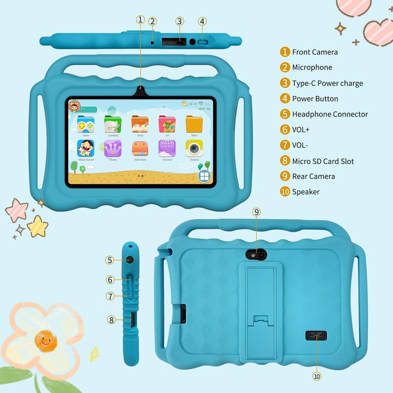 Tableta V8 para niños, Tablet infantil con pantalla HD de 7 pulgadas, años 3 +, con aplicación de educación gratuita preinstalada, 2 cámaras, bloqueo Parental