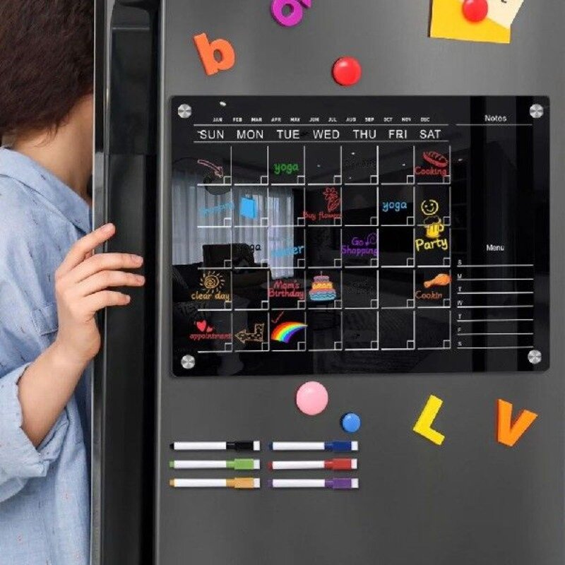 冷蔵庫用カレンダーボード,デイプランナー,再利用可能,透明,乾式消去,メッセージ,書き込み,黒い表面マグネット