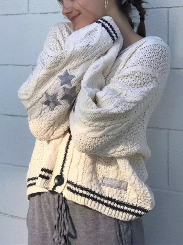Deeptown-Women's Vintage Swift Knitted Cardigan, Long Sleeve Sweater, Preppy Oversized Top, Long Sleeve Streetwear, Autumn, Y2K