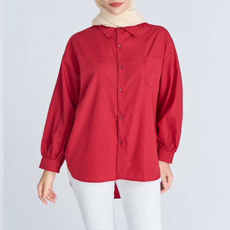 Blusa básica con cuello vuelto para mujer, camisa de manga larga con decoración de bolsillo, Color liso, musulmán, Dubái, islam, 2023