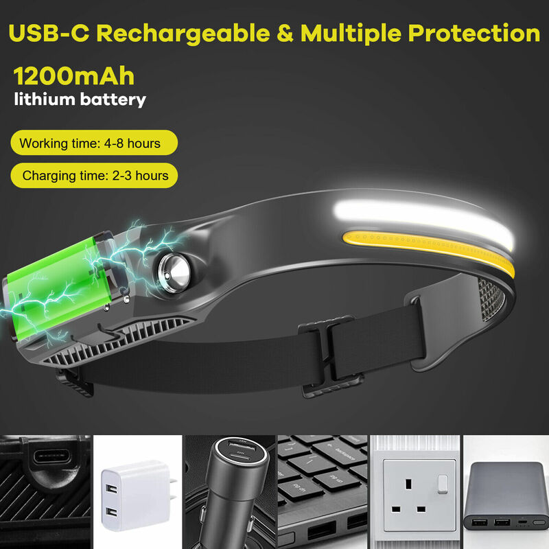 USB recarregável LED sensor farol, XPE + COB farol, farol, impermeável, ao ar livre busca luz para acampar, lanterna de pesca