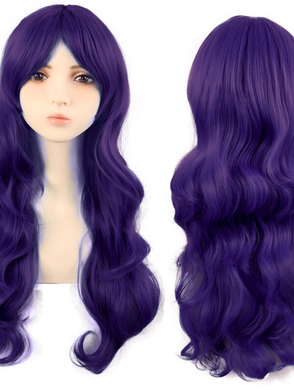 Cos Peluca de pelo largo para mujer, cabello rizado de onda grande de Anime, flequillo lateral Qi, color morado oscuro, 70cm