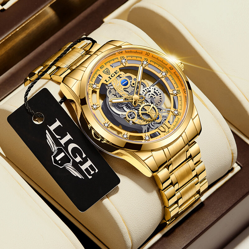 LIGE-Relógio todo em aço esqueleto para mulheres, relógios de ouro para senhoras, bracelete feminino, relógio novo, 2023