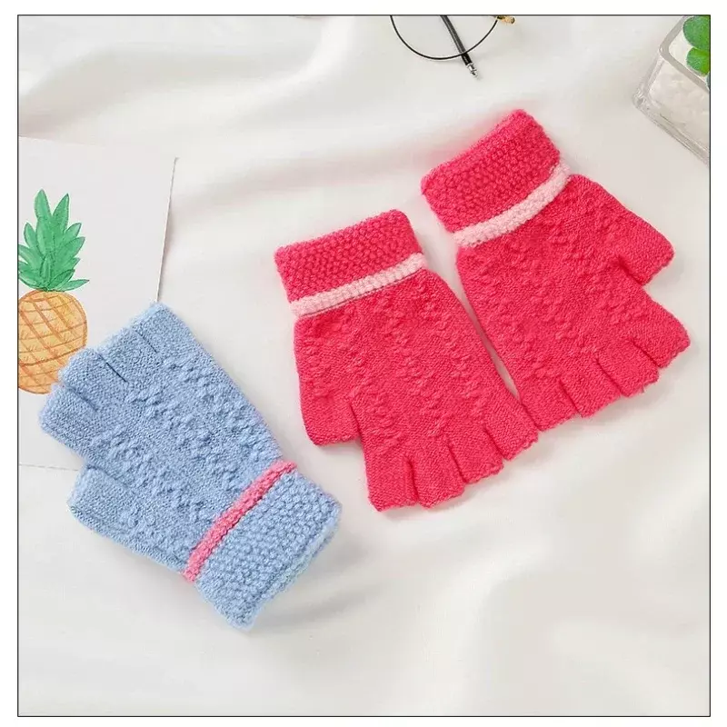 Winter Warm Half Finger Gloves Jacquard Knitted Gloves for Students Writing Kids Fingerless Gloves Children Boys Girls 4-8T