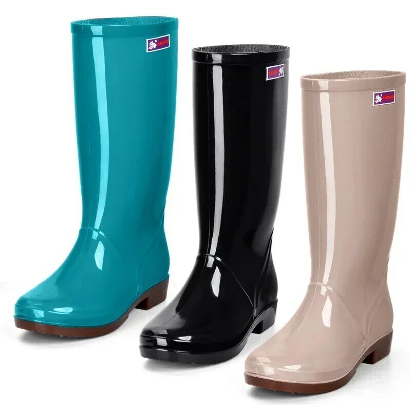 Женские непромокаемые ботинки до колена, повседневные водонепроницаемые Нескользящие сапоги из ПВХ и бархата