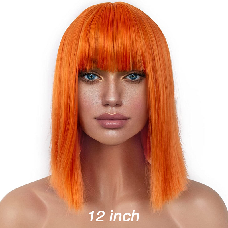 180D Orange Blonde Short Cut Straight Bob Wigs With Bangs Human Hair Brazilian Straight Human Hair Wigs Full Machine Made Remy