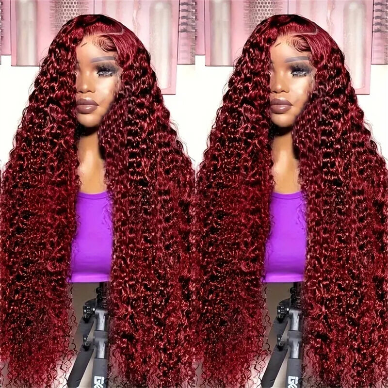 Wig renda depan 13x6 hd gelombang dalam 99j wig tanpa lem keriting merah anggur wig rambut manusia untuk pilihan cosplay 13x4 wig depan renda gelombang air
