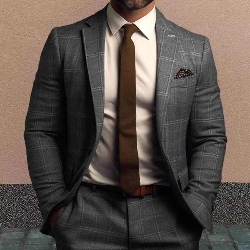 Lapel Suit Coat Elegant Plaid Print Men's Suit Coat for Formal Business Style with Slim Fit Single Button Closure for Work