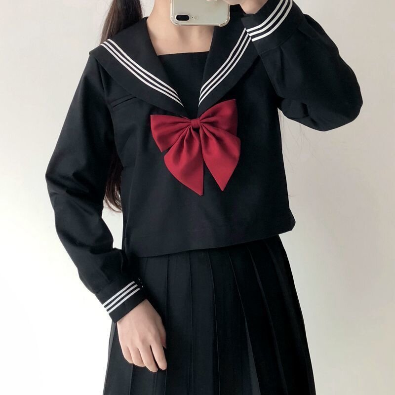 Japoński mundurek szkolny dziewczyny Plus Size Jk Suit czerwony krawat czarne trzy podstawowe mundury marynarskie damskie kostium z długim rękawem