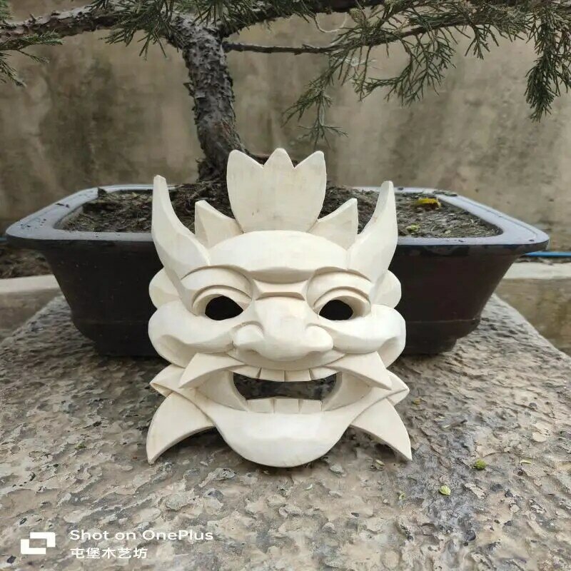 Máscara de Shaman de estilo chino sin pintura, hecho a mano tallado de madera, actuación en escenario, disfraz de Halloween, máscara de mago de terror