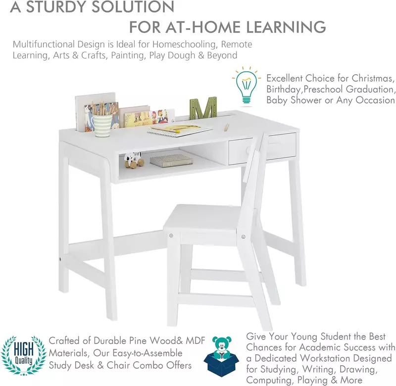 Mesa de estudo para crianças, Mesa de estudo para crianças com gavetas, Mesa de estudo infantil de madeira