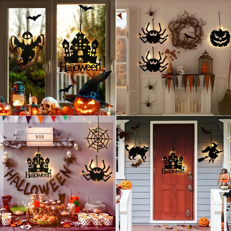 Placa pendurada engraçada de Halloween, Castelo, Fantasma, Teia de Aranha, Ornamento Luminoso, Decoração Horror Party, Pingente