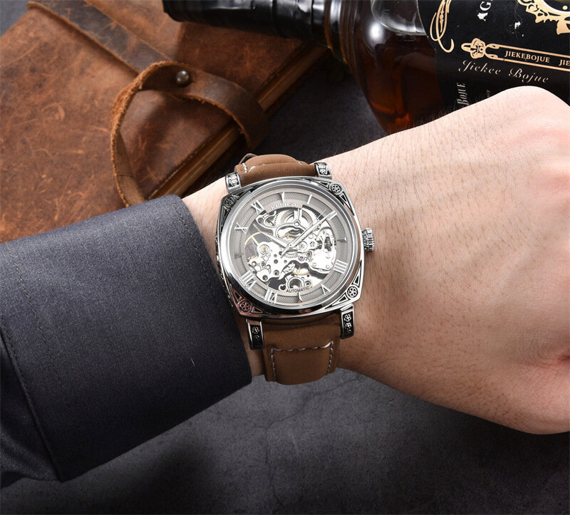 Vintage นาฬิกาสายรัดเหล็กผู้ชายนาฬิกากลไก Clear Designer ธุรกิจ Flock Band นาฬิกาข้อมือสำหรับผู้ชาย10เมตรกันน้ำอัตโนมัตินาฬิกา