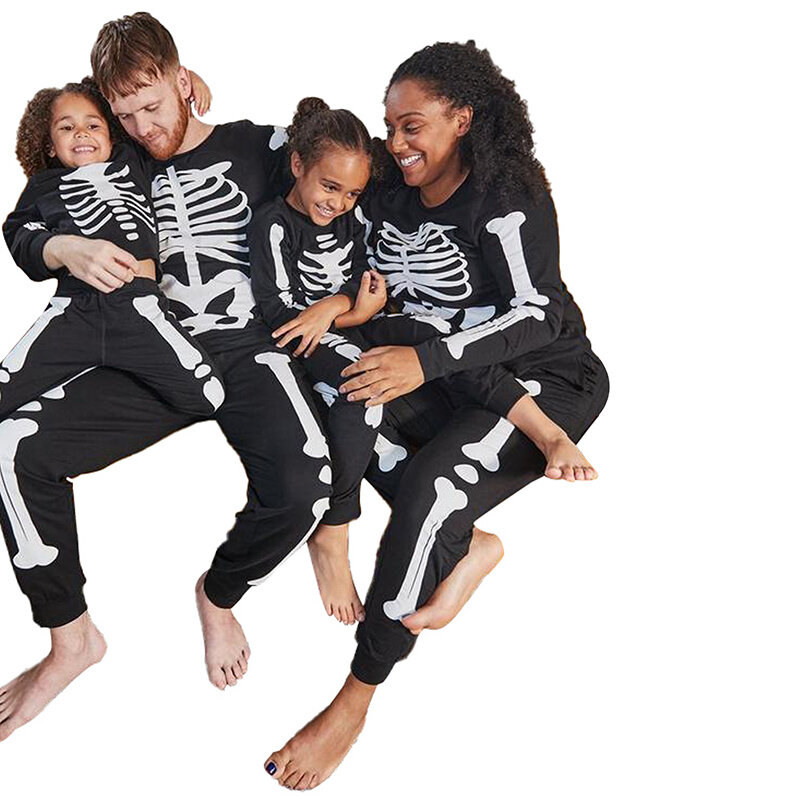 Família Dia das Bruxas Pijama combinando, Adulto, Crianças, Crânio, Esqueleto Estampado, Tops de Manga Comprida, Calça Casual Stretch, Pijama, 2023