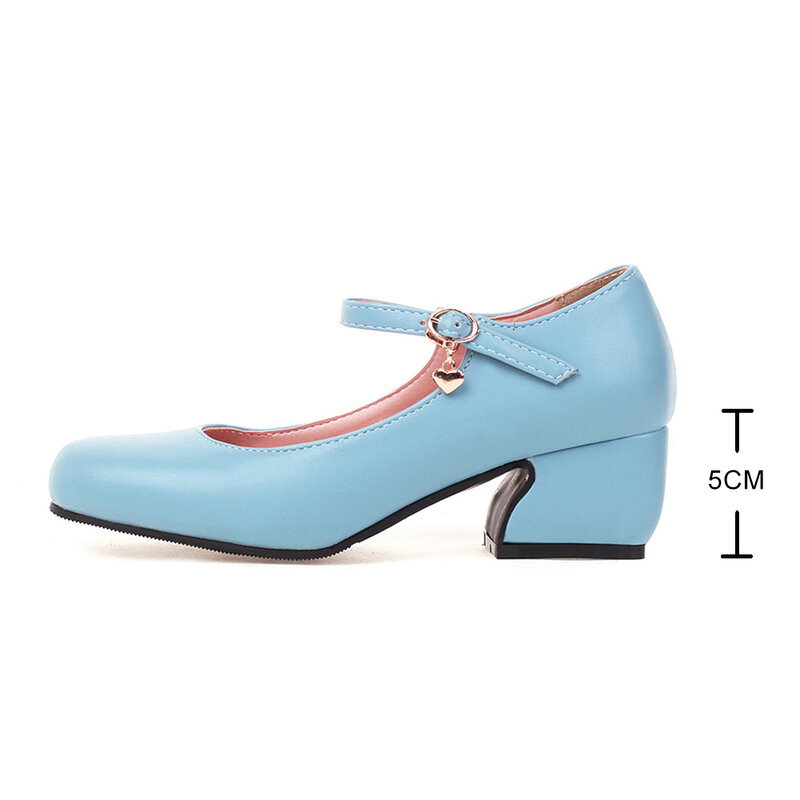 Fashion Women Sweet Round Toe Med Heel Shoes Comfort Square Heel Pumps for Student Lady Pink Blue Classic Ladies Party Heels