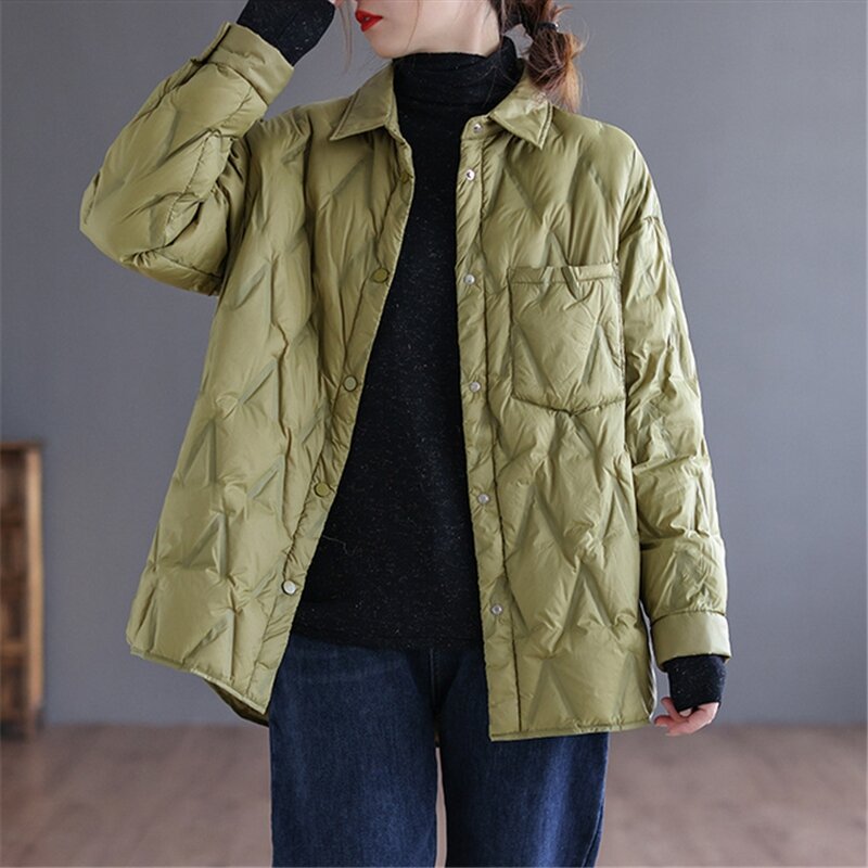 여성용 턴다운 칼라 다운 코트, 초경량 90% 화이트 덕 다운 재킷, 싱글 브레스트 라미네이트 마름모 파카, 가을 겨울