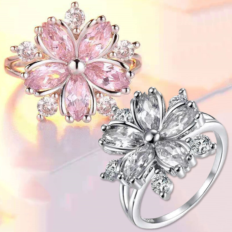 Sakura Prinzessin Ringe Rosa Silber Farbe Kristall Stein Ring Charme Für Frauen Dainty Braut Blume Zirkon Engagement Ring Mode