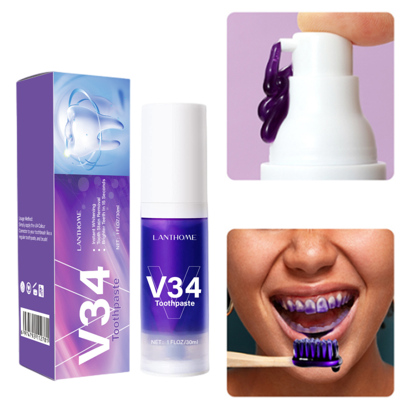 معجون أسنان جديد لتبييض الأسنان موس V34 لون مبيض لتبييض الأسنان معجون أسنان أرجواني غير الغازية لتبييض الأسنان