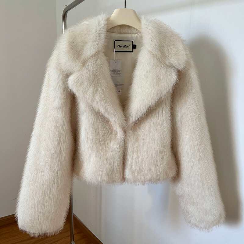 2024 런웨이 옐로우 그라데이션 크롭 푹신한 여우 모피 재킷, 두꺼운 인조 모피 코트, 럭셔리 브랜드 겉옷 코트, 2023 겨울