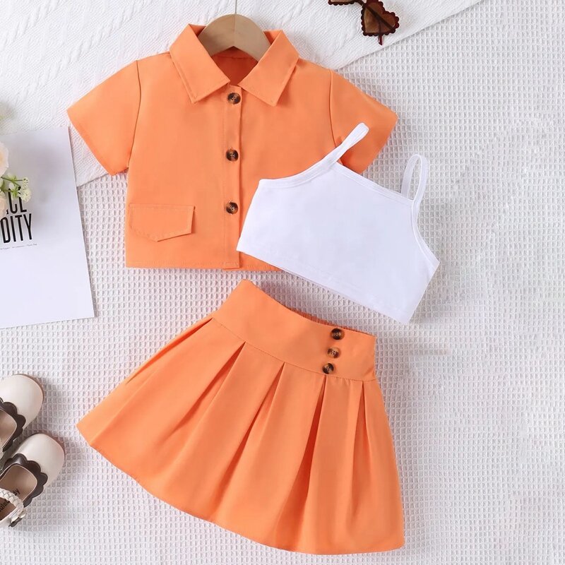 4-7 Years 2PCS Kid Girls Summer Clothes Short Sleeve Button Up Shirt + Cami Tops + Skirt Set Toddler Spring Outfits