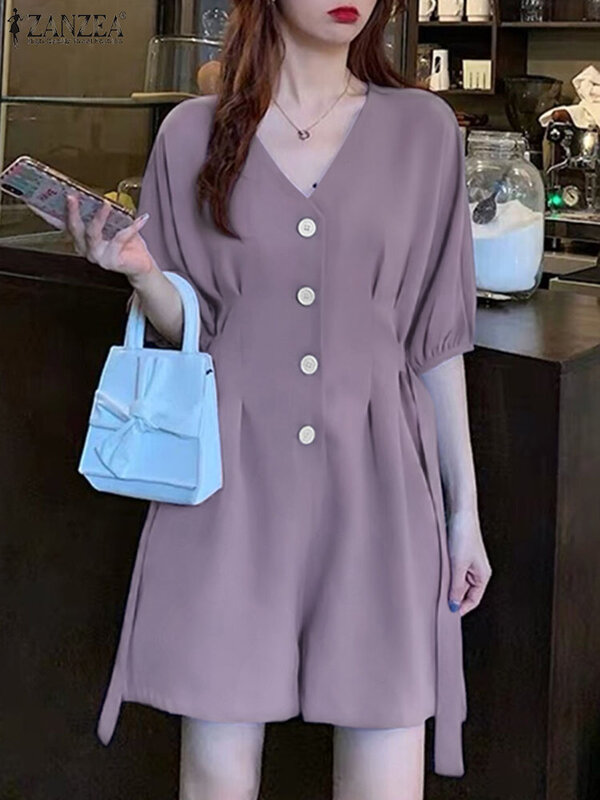 ZANZEA 2024 Summer Women Jumpsuits Short Sleeve V-neck Casual Short Playsuits Elegant Loose Pleated Solid Color Buttons Overalls
