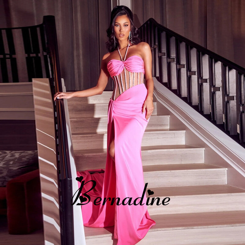 Bernadine Fashionable Halter Prom Evening Dress Satin High Split Sleeveless Zipper Rhinestones Mermaid Custom Made De Gala